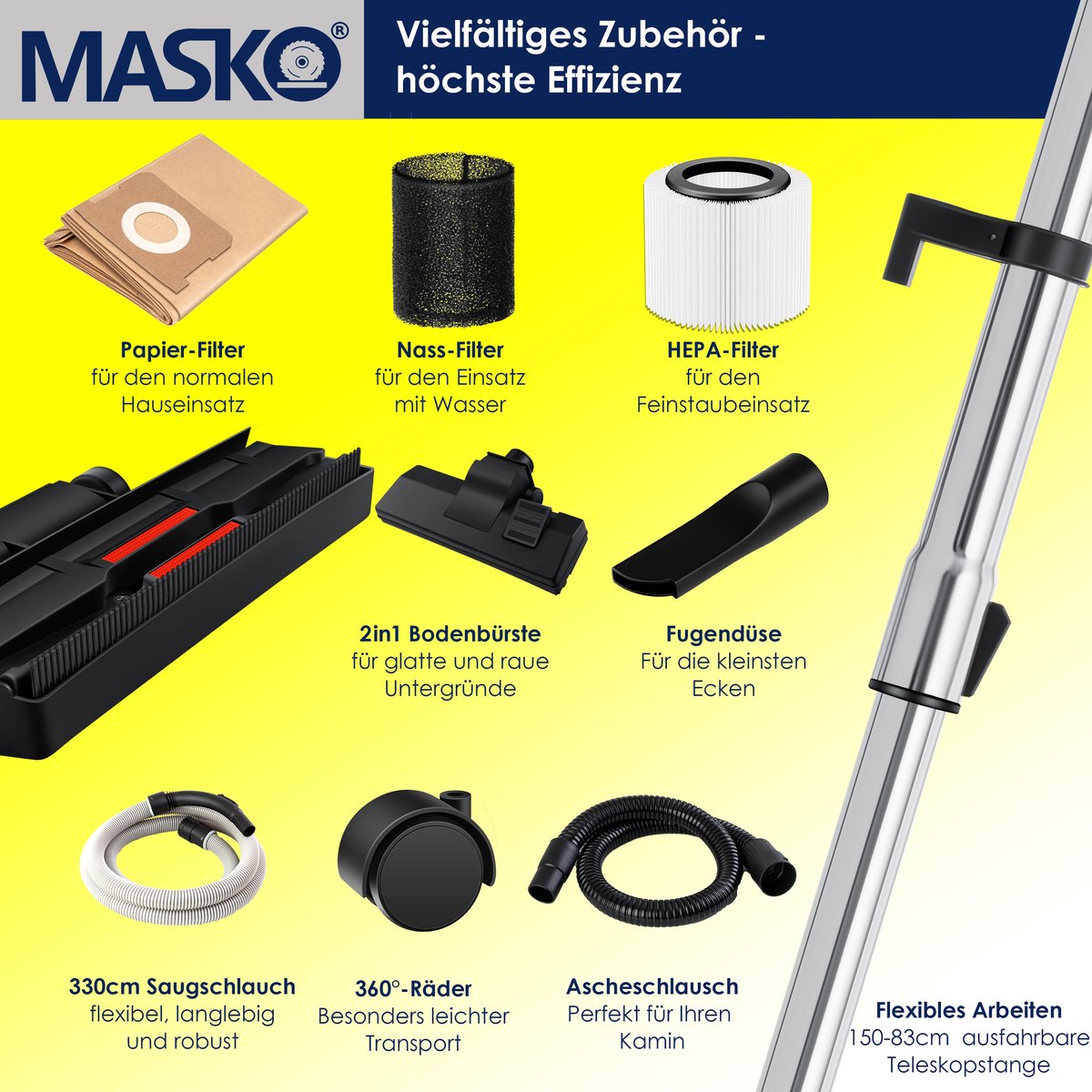 MASKO® Industriële stofzuiger 2300W - Droog- & Natzuigen - Geel