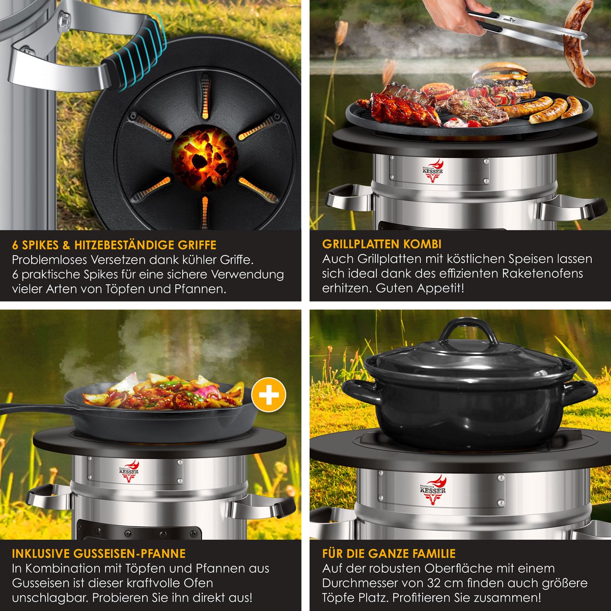 KESSER® Raket Stove / Camping Kachel / Wood Stove Incl. Gietijzeren Grillpan met Draagtas, Dutch Oven BBQ Raket Houtfornuis Camping Grill, Roestvrij Staal - Zilver