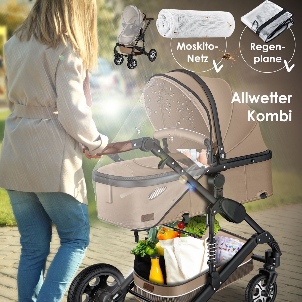 Kinderwagen 3 in 1 - Buggy - Wandelwagen - Kinderbuggy - Beige - KESSER®