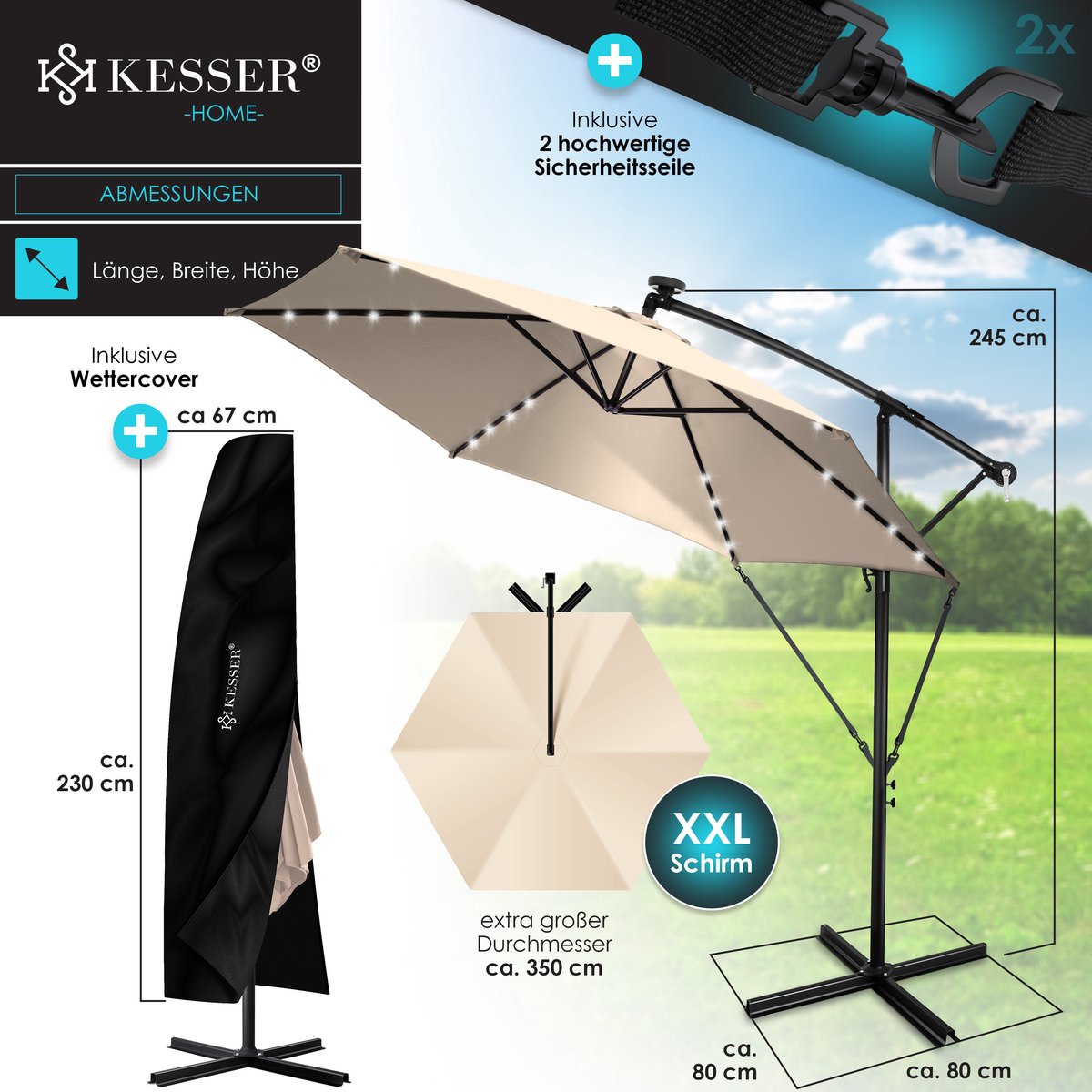 KESSER® Zweefparasol met voet - LED - Ø3.5m - 360° Draaibaar  - Beige •