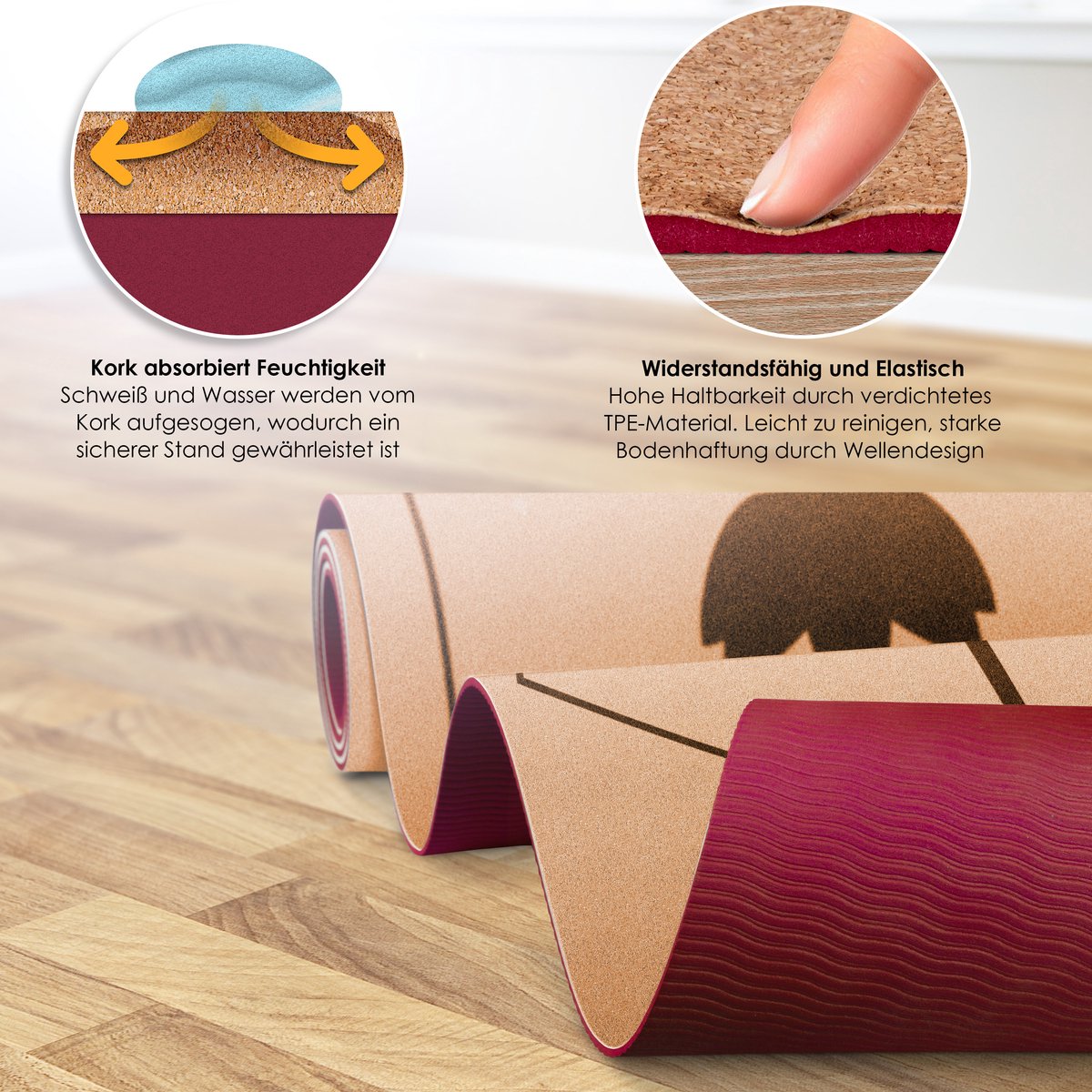 KESSER® Yogamat Kork 183x62cm Turnmat Gymnastiekmat Fitnessmat Inclusief Draagriem Tas & Yoga Blok - Bordeux