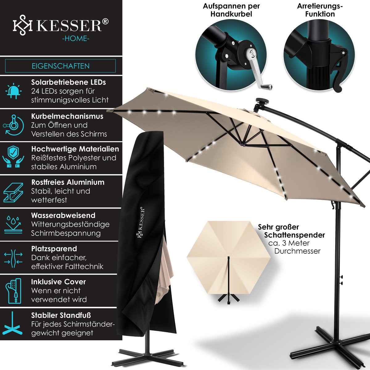 KESSER® Zweefparasol met voet - LED - Ø3m - 360° Draaibaar  - Beige •