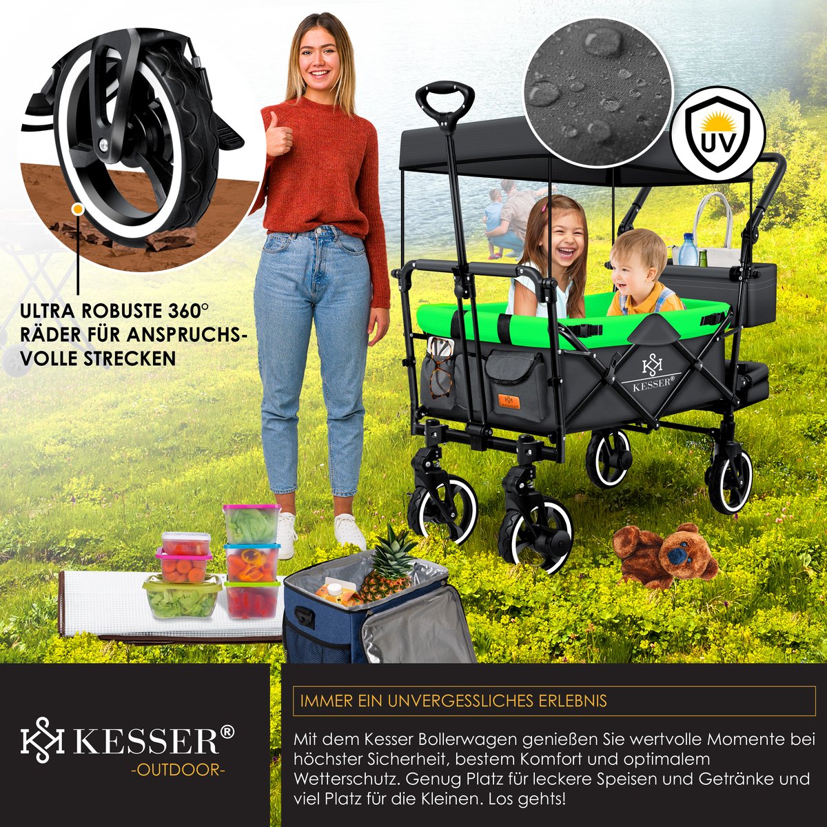 KESSER® Bolderkar GTS-9100 opvouwbaar met Dak tot 80 kg draagvermogen - Antraciet / Neongroen