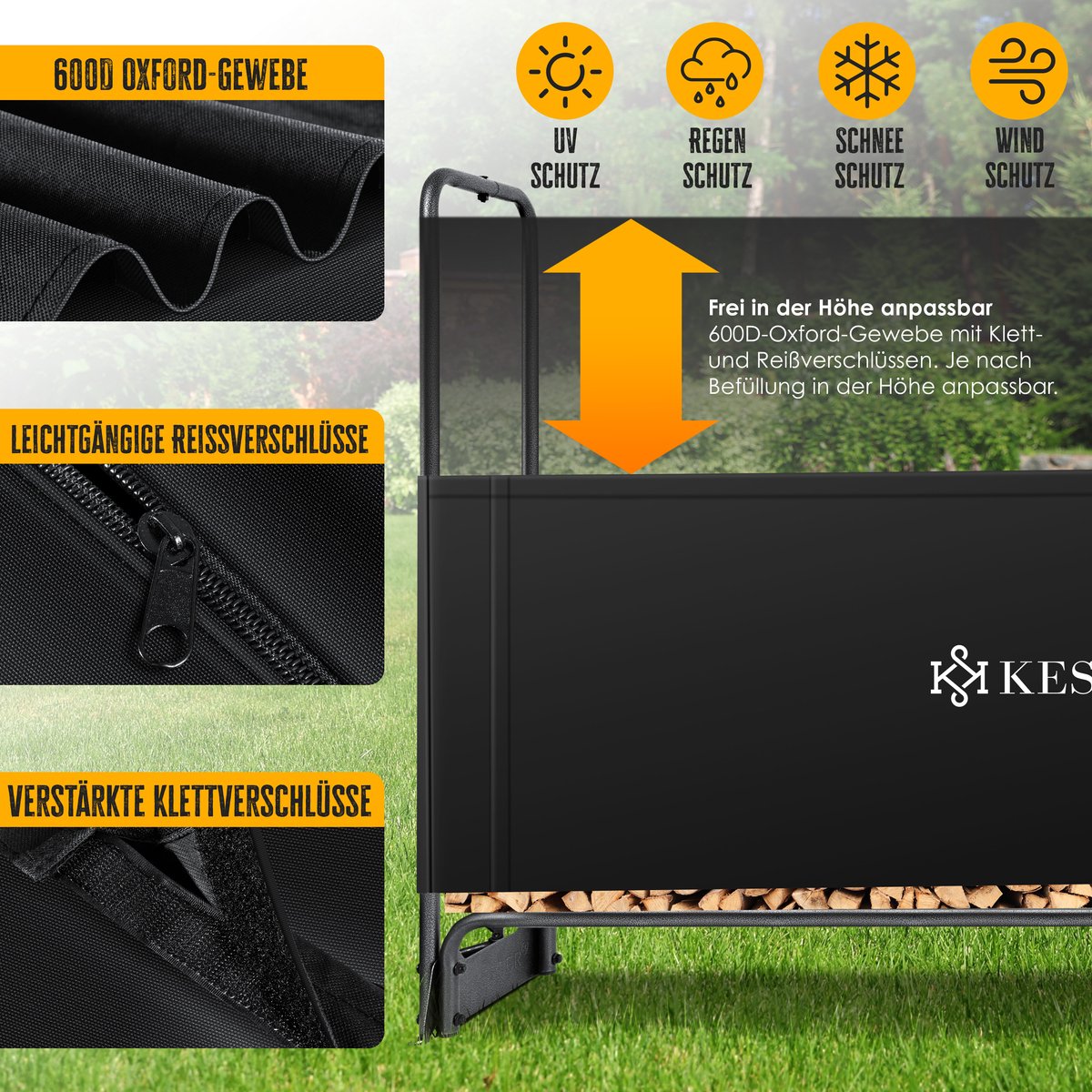 KESSER® Houtopslag voor Buiten - Metaal Houtrek 200kg Haardhout Opslag - Brandhout Rek met Stalen Frame + Afdekking & Handschoenen, Waterdichte Brandhoutrek Haardhoutrek - 390x36x117cm