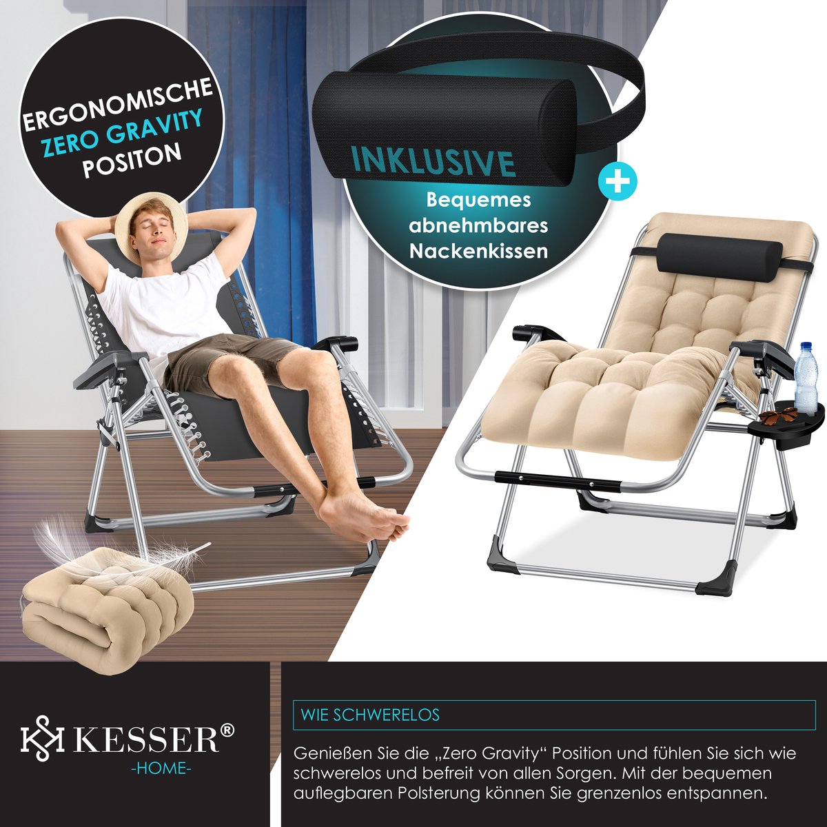KESSER® Ligstoel Opvouwbaar Met Drinkhouder Tuinstoel Met Kussen, Ligbed, Extra Grote Tuinligstoel, Verstelbare Rugleuning Tuinligstoel Met Kussensteun - Beige