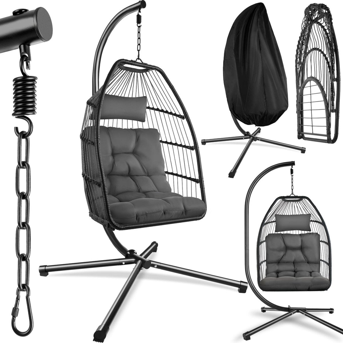 tectake® - Luxe hangstoel - Opvouwbare en draaibare egg chair met standaard - Dikke kussens - Antislipvoeten - Inclusief beschermhoes - Ideaal voor buiten, tuin, terras en slaapkamer - Donkergrijs