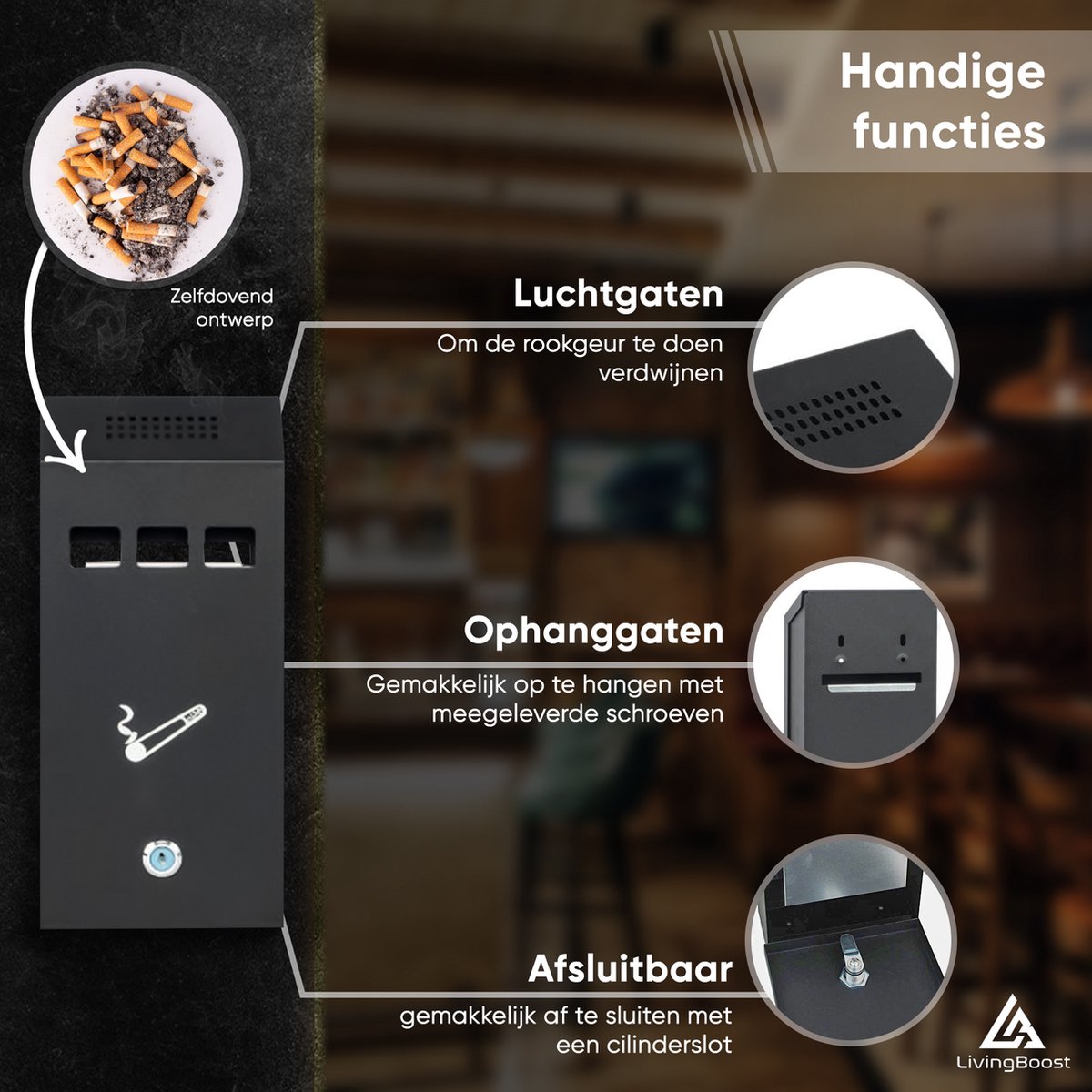 Vesto® Wandasbak - Asbak voor buiten – Rookpaal – Buitenasbak – Grote Asbak – Muurasbak – Stormasbak – Peukenzuil - Ideaal voor Terras & Bedrijf •