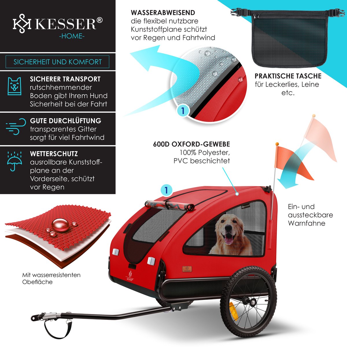 KESSER® Hondenfietskar tot 45 kg 3in1 Fietskar Hond - Rood