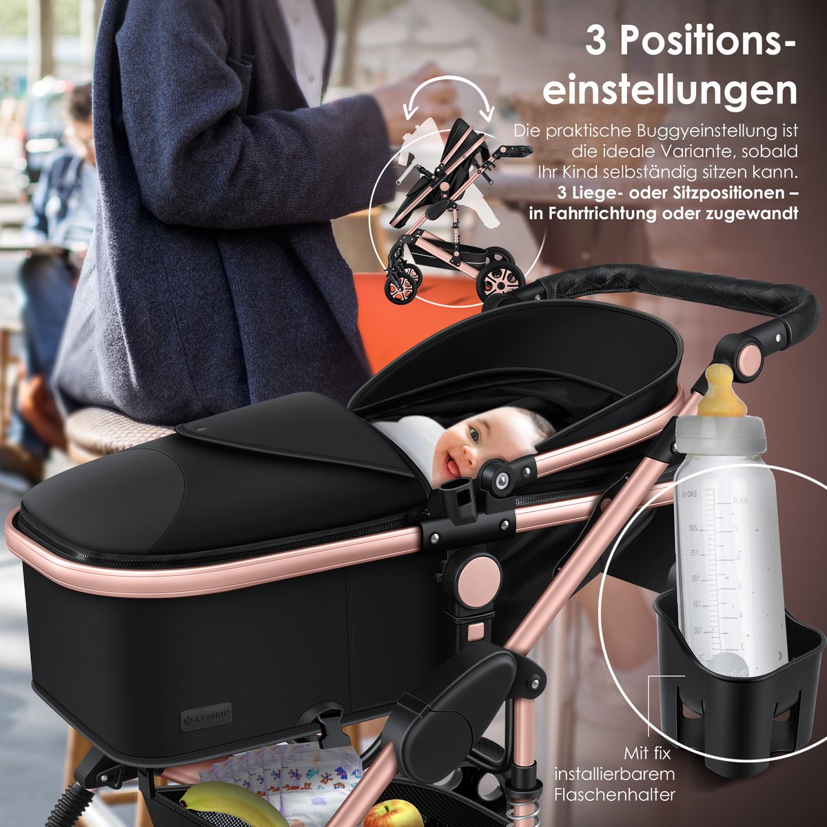 Kinderwagen 3 in 1 - Buggy - Wandelwagen - Kinderbuggy - Champagne - KESSER®
