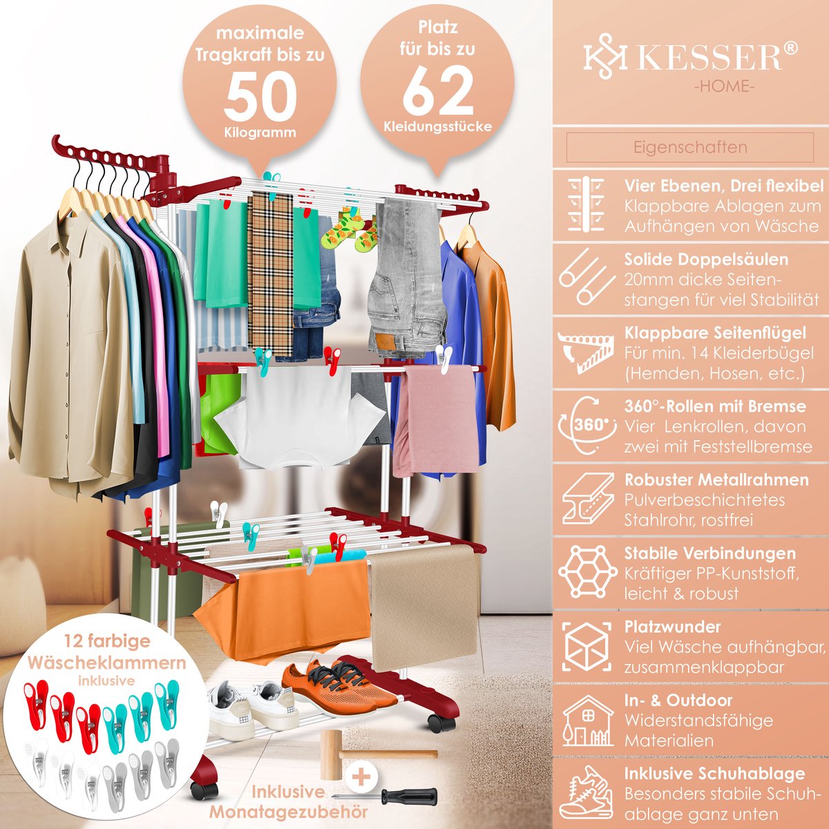 KESSER® Droogrek inklapbaar - Wasrek - Wit / Rood