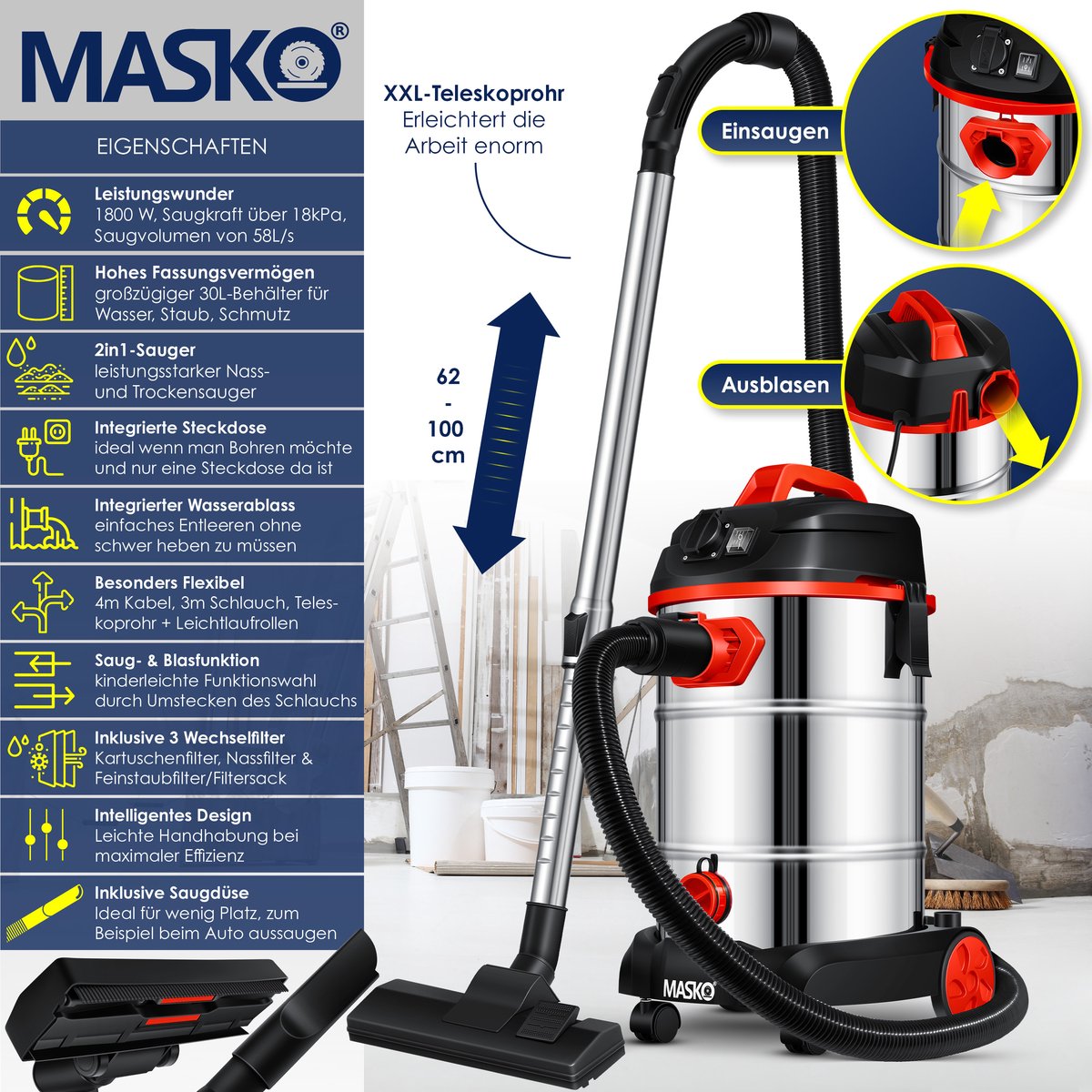 MASKO® Alleszuiger Nat- en Droogzuiger 1800W + stopcontact, Blaasfunctie, Droog- & natzuigen | Industriële stofzuiger vuilreservoir 30L Bouwstofzuiger - Rood