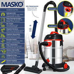 MASKO® Alleszuiger Nat- en Droogzuiger 1800W + stopcontact, Blaasfunctie, Droog- & natzuigen | Industriële stofzuiger vuilreservoir 30L Bouwstofzuiger - Rood