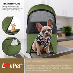 LOVPET® Hondenbuggy 2in1 Huisdieren Wandelwagen Buggy met Transporttas Opvouwbaar tot 20 kg Hondenwandelwagen met Gaasramen & Regenhoes Jogger Kattenbuggy voor Kleine Honden Katten Hondenbox - Khaki