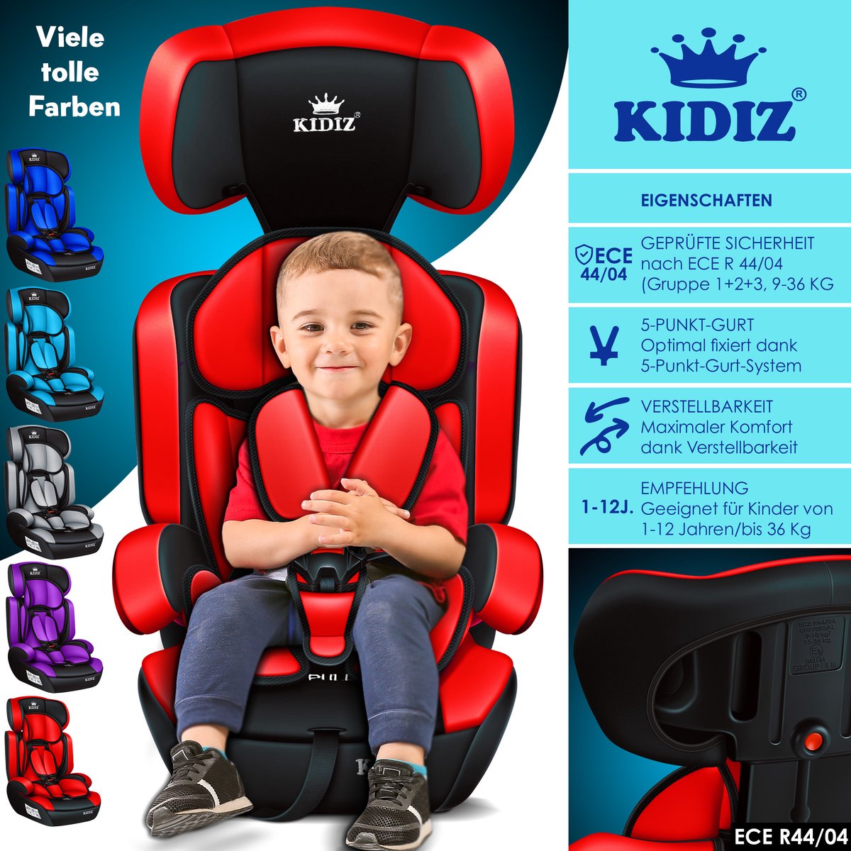 KIDIZ® Autostoeltje Groep 1+2+3  9-36 kg 5-punts veiligheidsgordel, Autostoeltje, Kinderzitje, Verstelbare Hoofdsteun | Stoelverhoger 1-12 jaar, Stabiel en Veilig - Rood