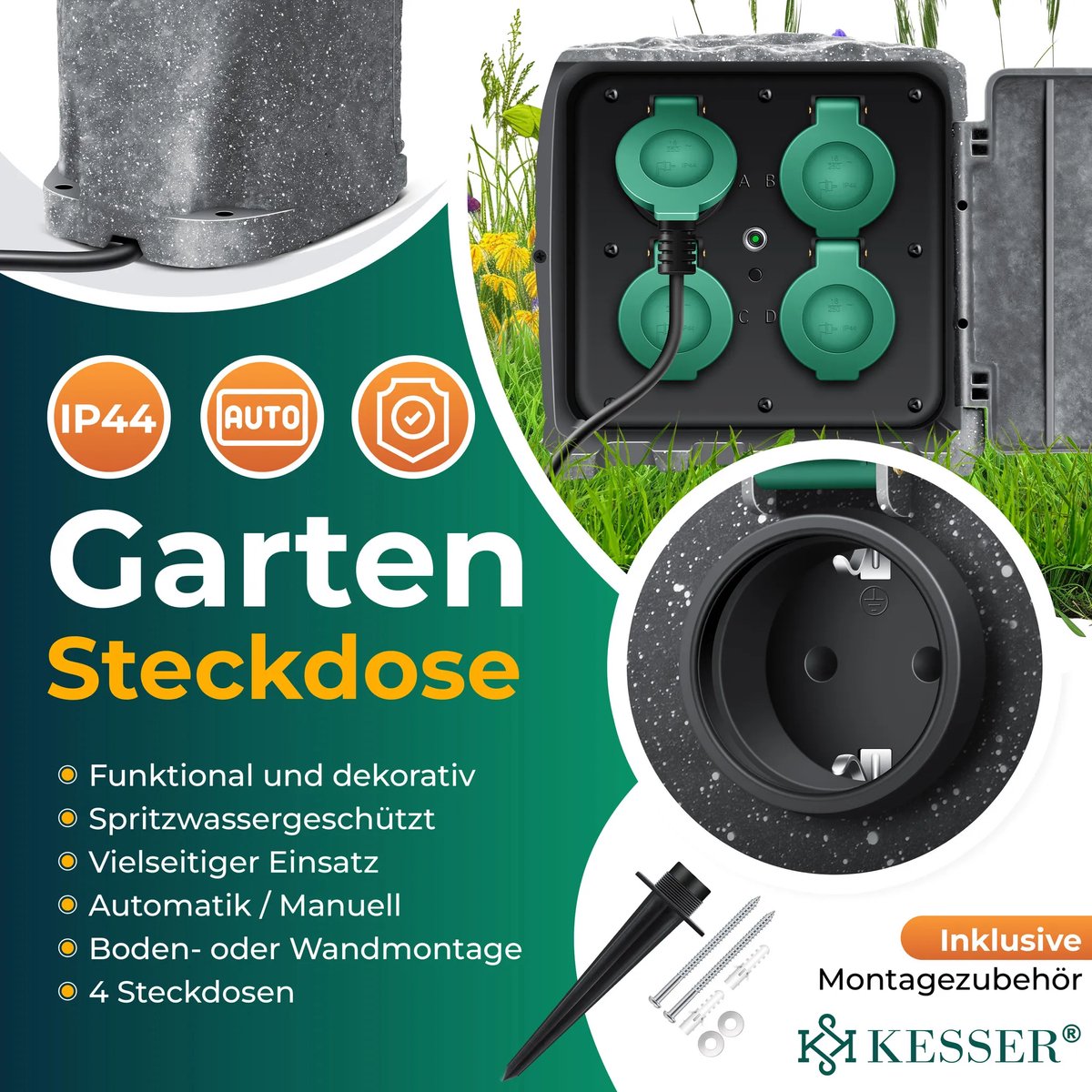 KESSER® Tuinstopcontact - 4 stopcontacten - IP44 waterdicht - Antraciet
