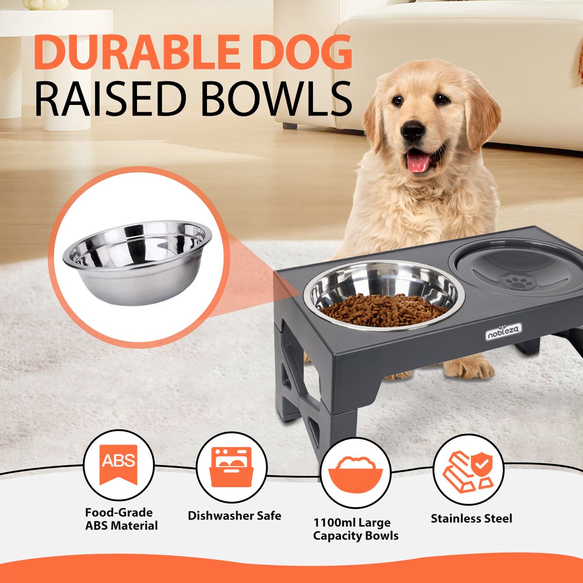 Nobleza Voerbak Hond - Drinkbak Hond - 7,5-31 cm Hoog - Grijs