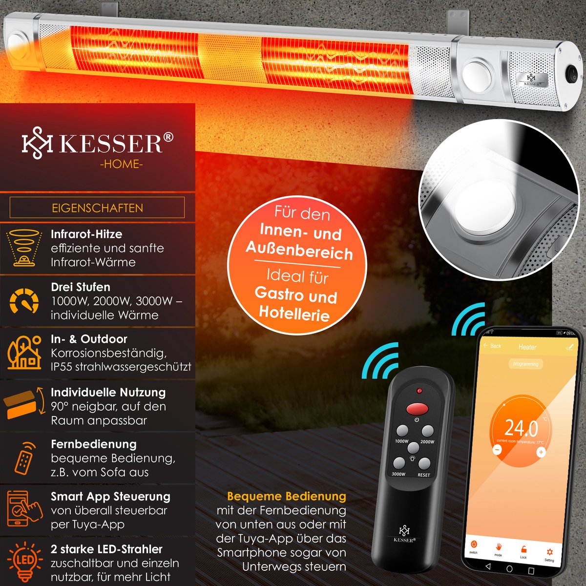 KESSER® Infraroodstraler / Infrarood Stralingsverwarming 3000W IR Gastro Bar Incl. LED Licht Patio Heater Met WiFi & Afstandsbediening incl. Beschermhoes Infrarood Heater Kwarts Heater Patio Heater Wand Heater - Wit