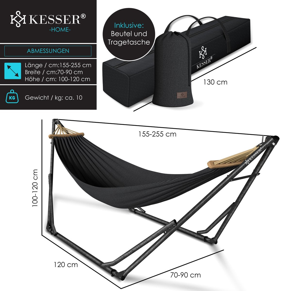 KESSER® Hangmat Vill 120kg Draagvermogen voor Binnen & Buiten met Frame Metaal Opvouwbaar - Antraciet