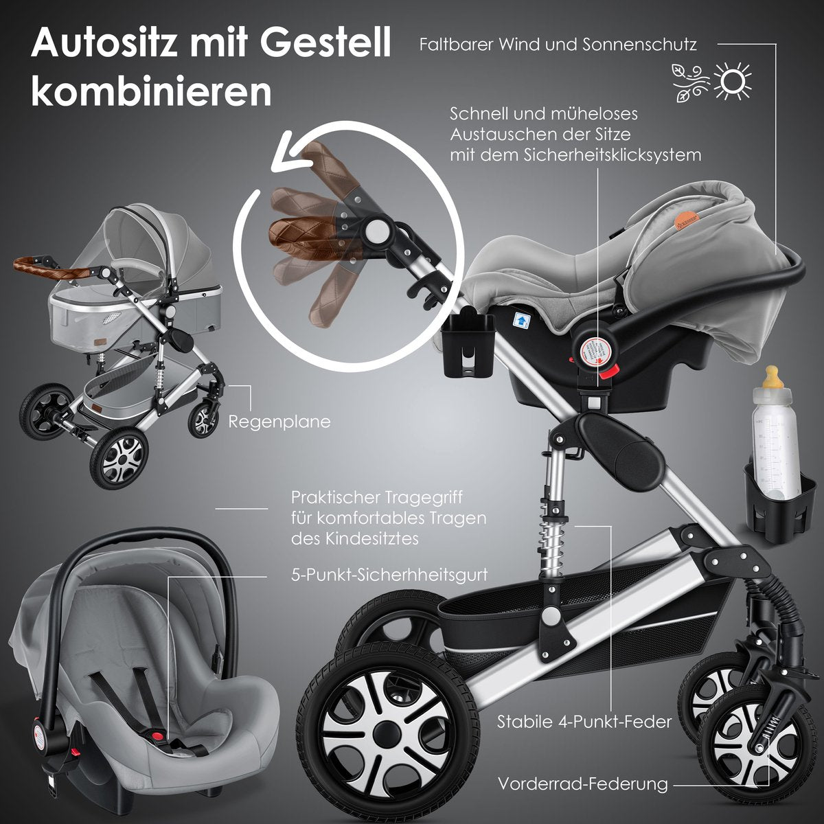 Kinderwagen 3 in 1 - Buggy - Wandelwagen - Kinderbuggy - Grijs - KESSER® •