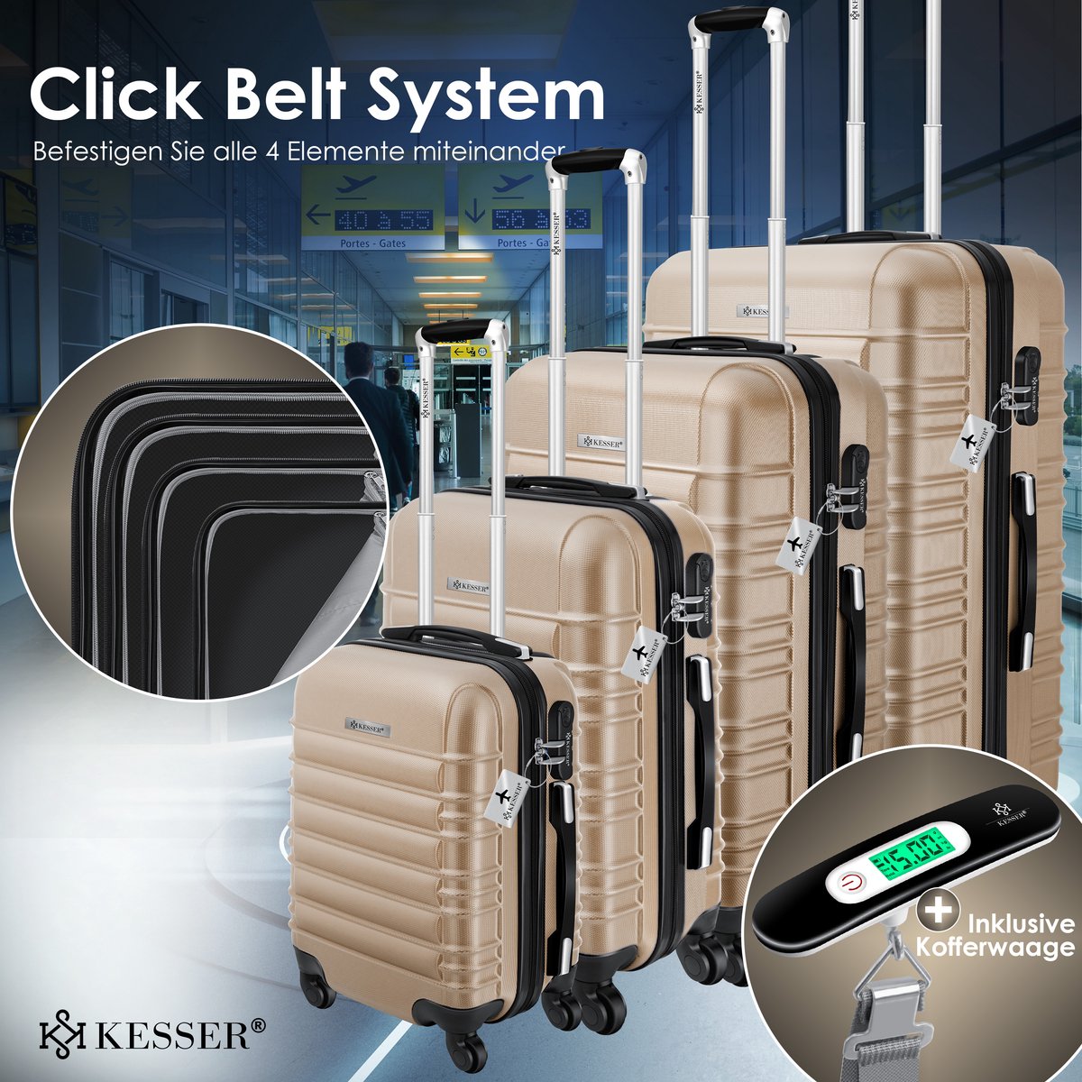 KESSER® Reiskofferset - 4-delig - ABS- Kofferset - Champagne