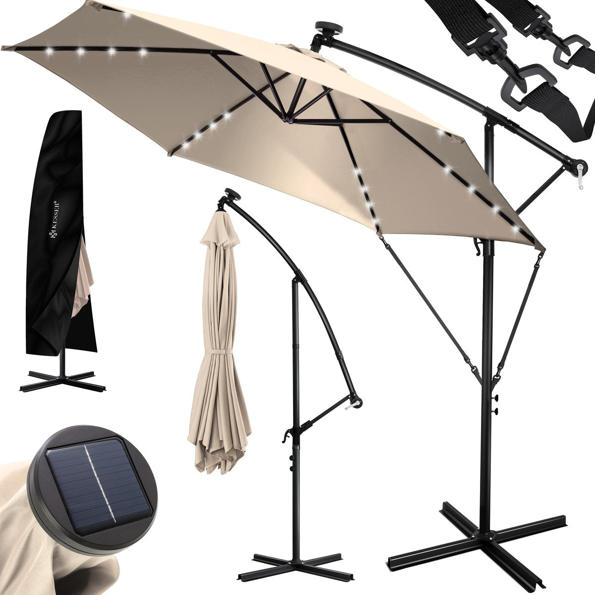 KESSER® Zweefparasol met voet - LED - Ø3m - 360° Draaibaar  - Beige •
