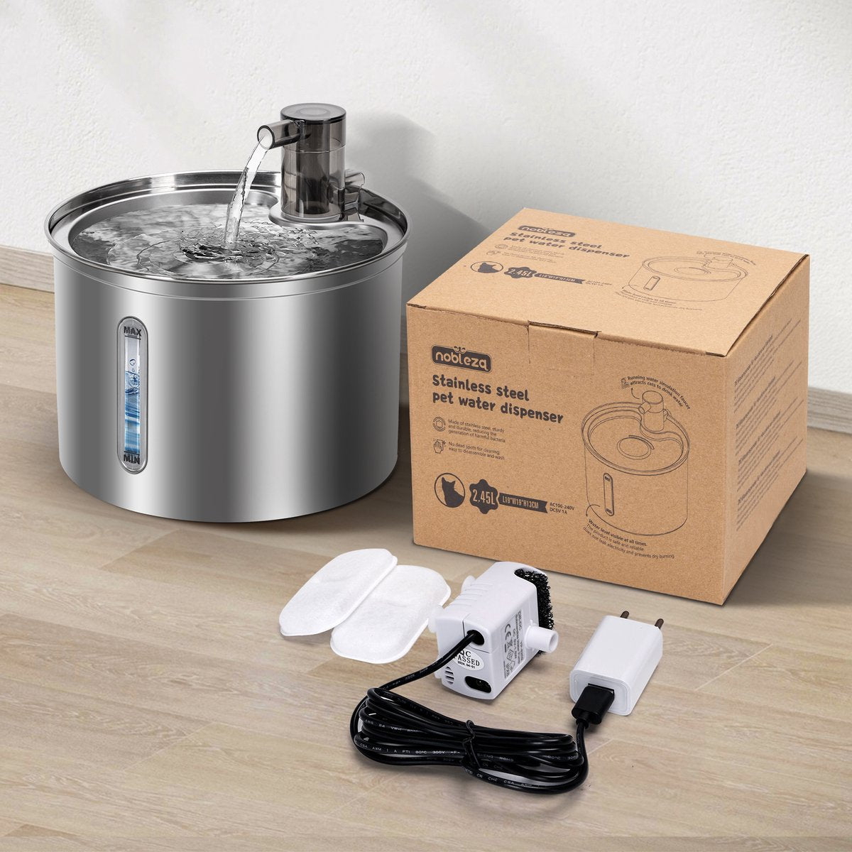 Nobleza RVS Drinkfontein Kat - Kattenfontein 2,45L - Waterfontein kat - Drinkfontein katten - Drinkbak Kat - Waterdispenser Kat