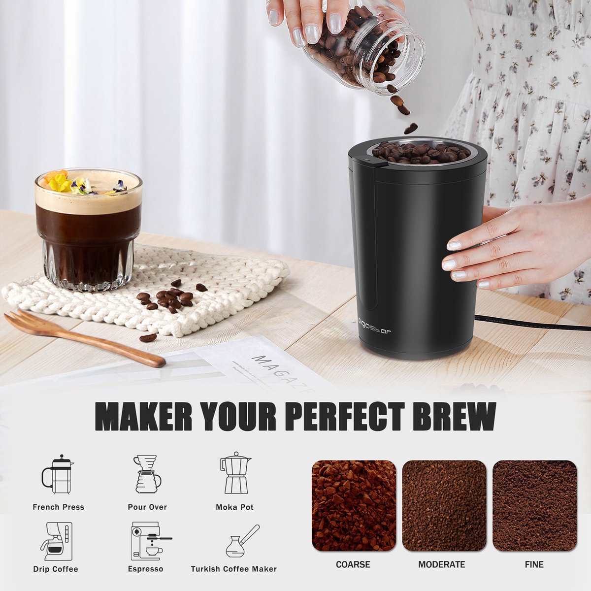 Aigostar Elektrische  Koffiemolen - koffiemaler - 200W - Zwart