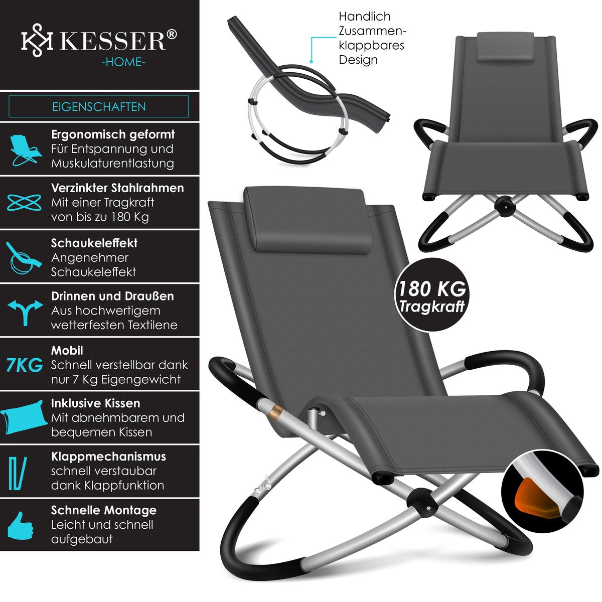 KESSER® Relaxstoel - Ligstoel - Tuinstoel - Weerbestendig - Antraciet