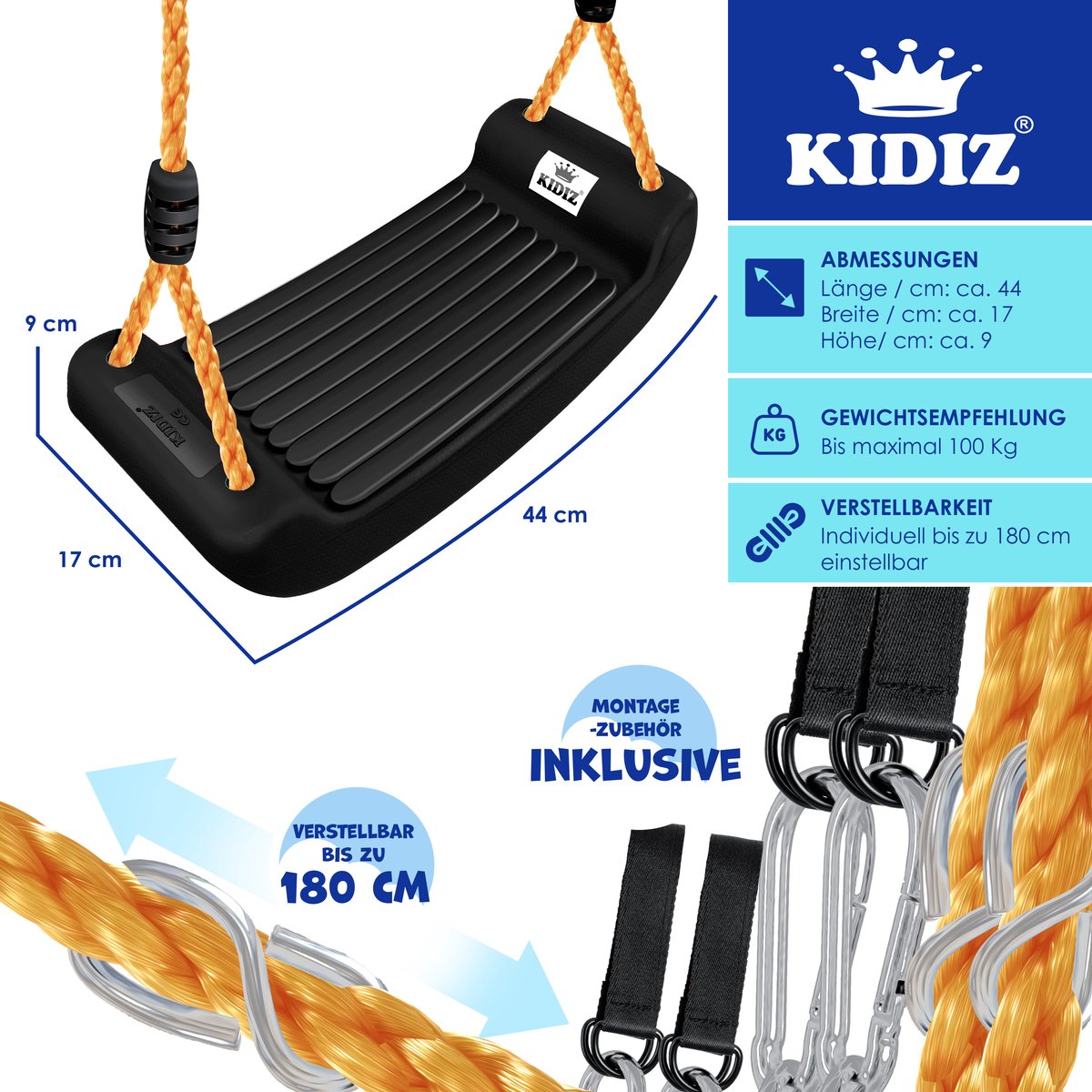 KIDIZ® Schommel Kinderschommel Set - Verstelbaar - Antislip - Zwart