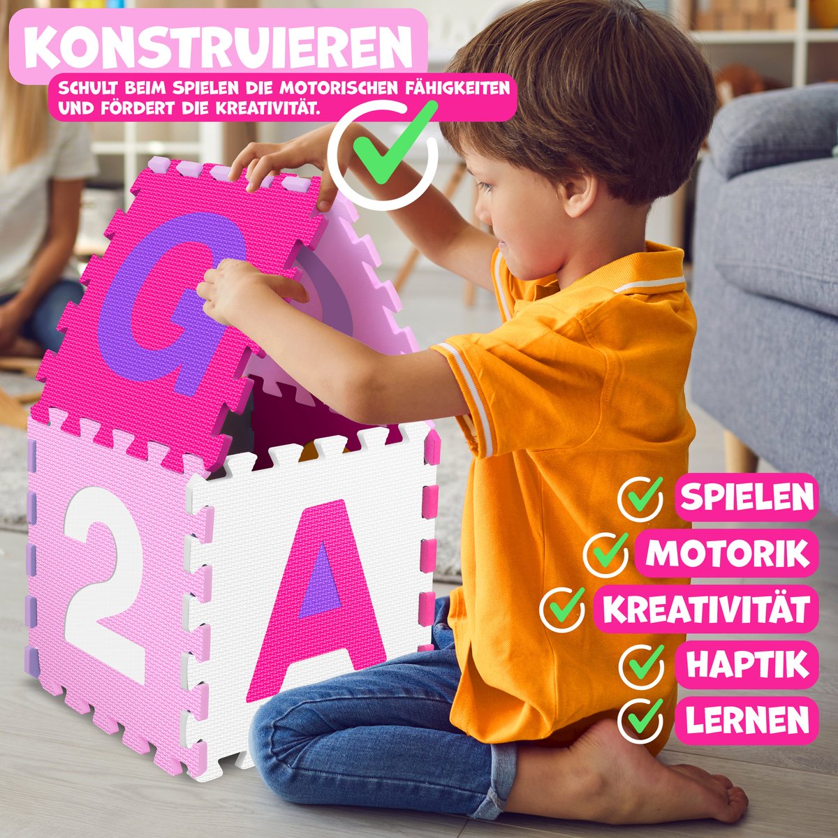 KIDIZ® 86-Delige Puzzelmat Speeltapijt Schuimmat Kindertapijt, Puzzel Cijfers en Letters Beschermende Mat - Roze