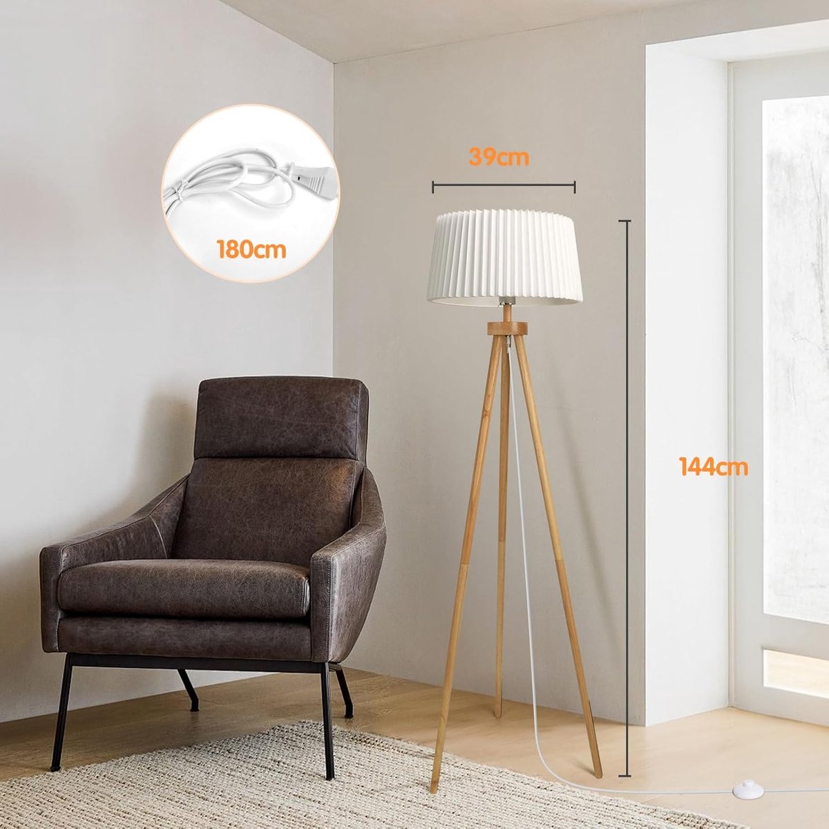Aigostar 102FP - Vloerlamp - Staande lamp - h: 145cm - E27 Fitting - Leeslamp - Stalamp - Woonkamer - Slaapkamer - Excl. lichtbron