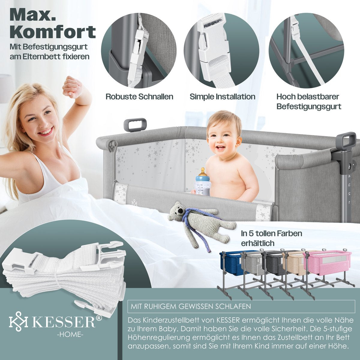 KESSER® 3in1 Ledikant - Babybed - Verstelbaar - Inklapbaar - Lichtgrijs