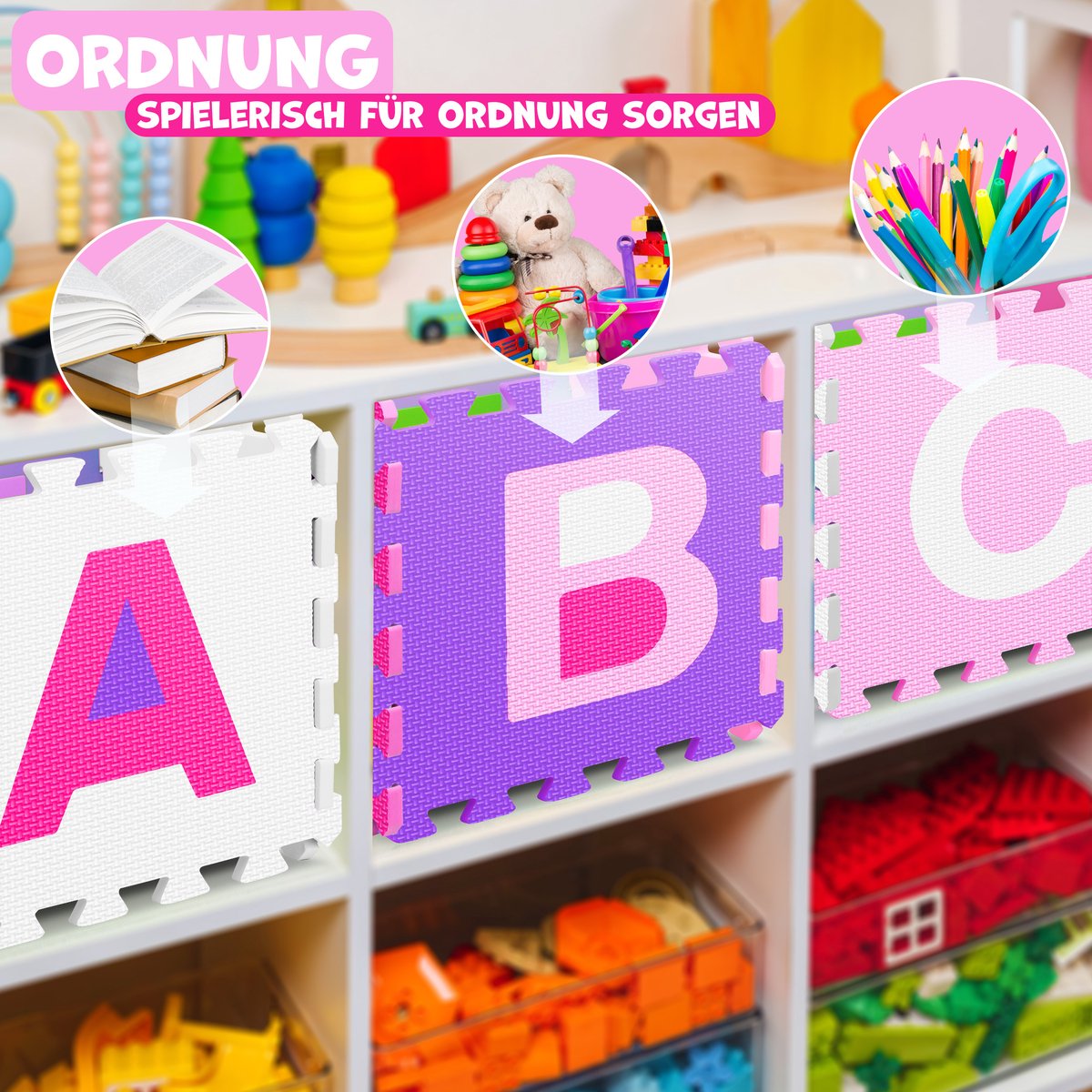KIDIZ® 86-Delige Puzzelmat Speeltapijt Schuimmat Kindertapijt, Puzzel Cijfers en Letters Beschermende Mat - Roze