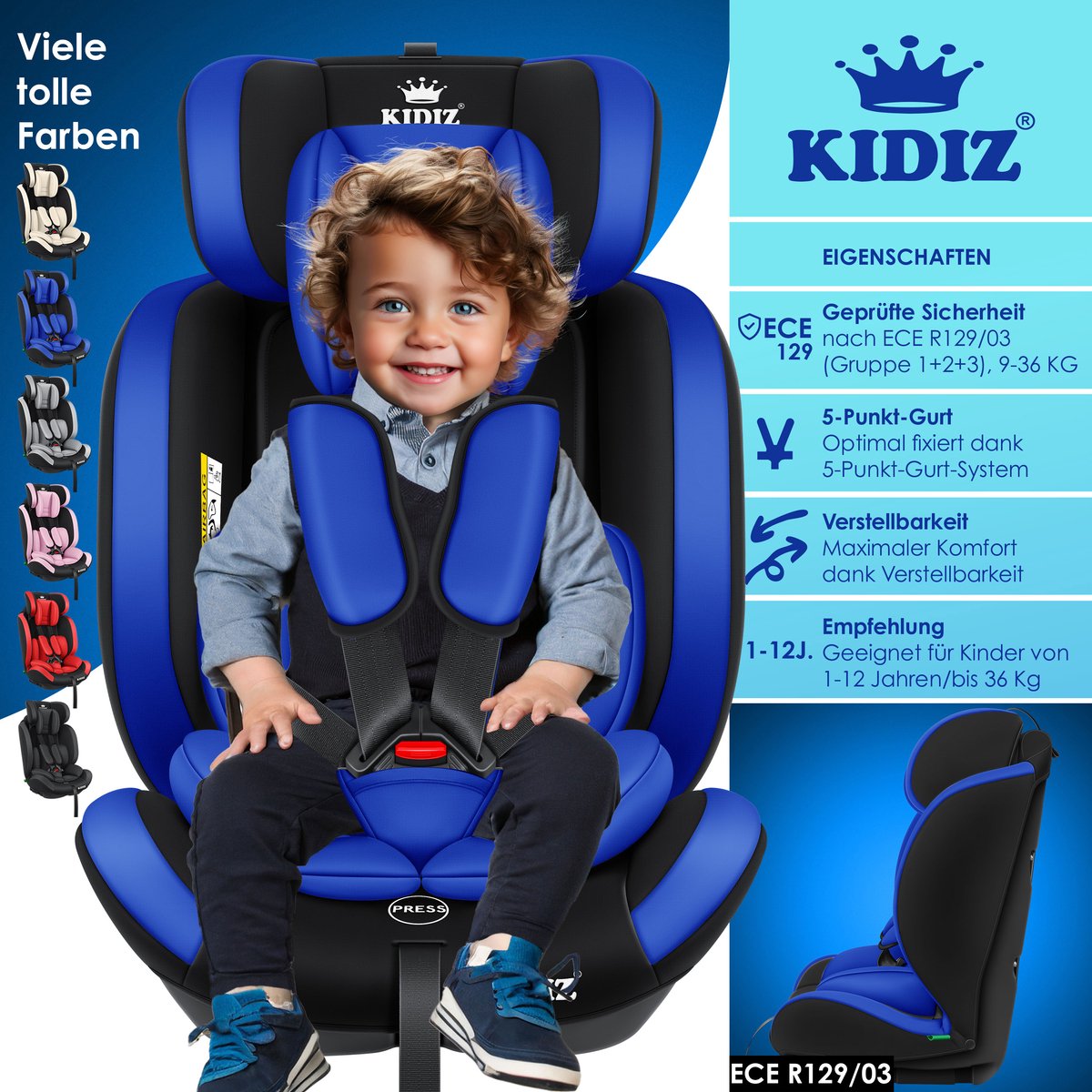 KIDIZ® Autostoeltje - 5-punts veiligheidsgordel - Blauw
