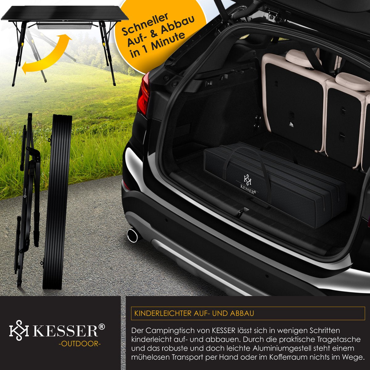 KESSER® Campingtafel Opvouwbaar - Verstelbaar - 120x70 cm - Zwart