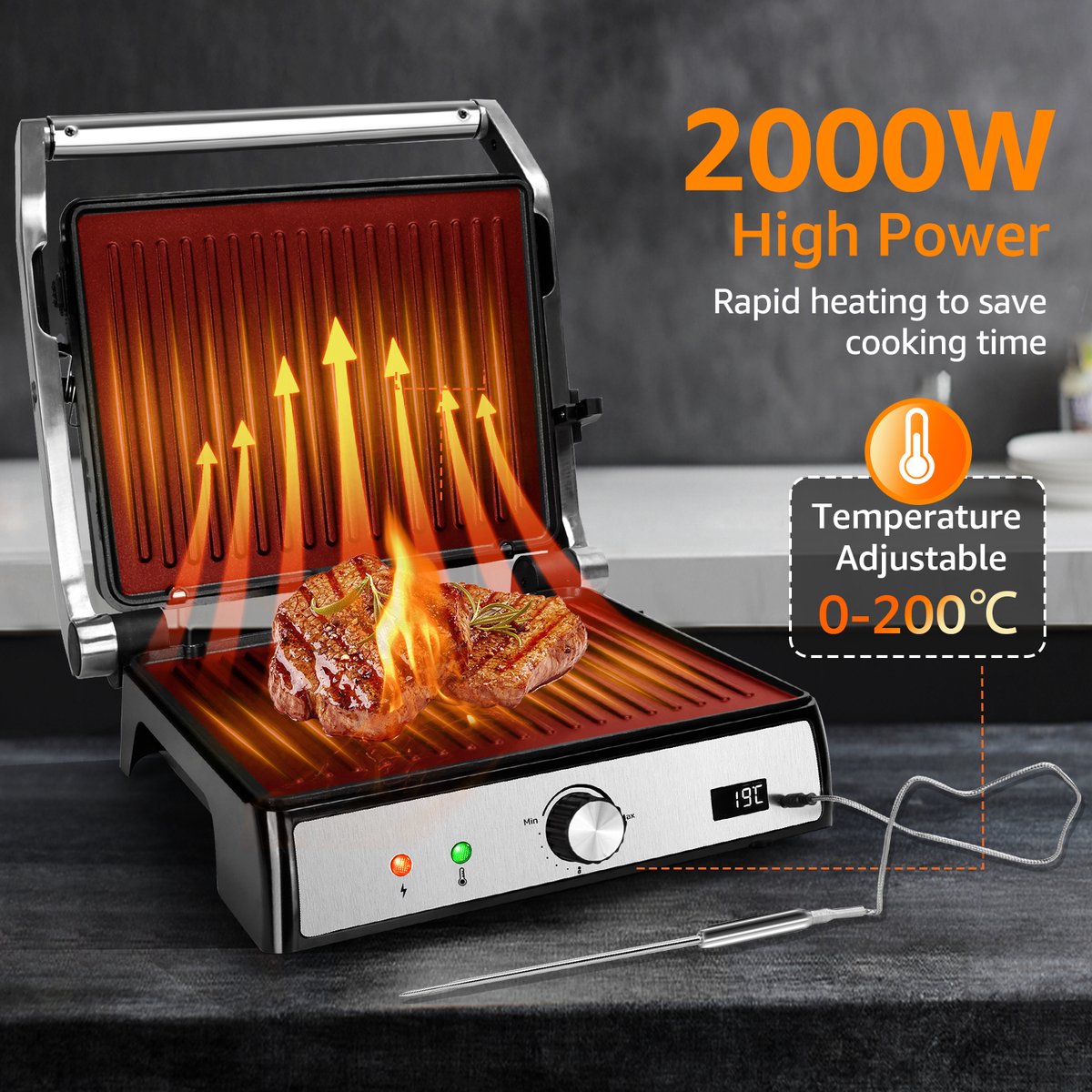 Aigostar Contactgrill - Panini Grill - Antiaanbaklaag - 2000W - Grijs