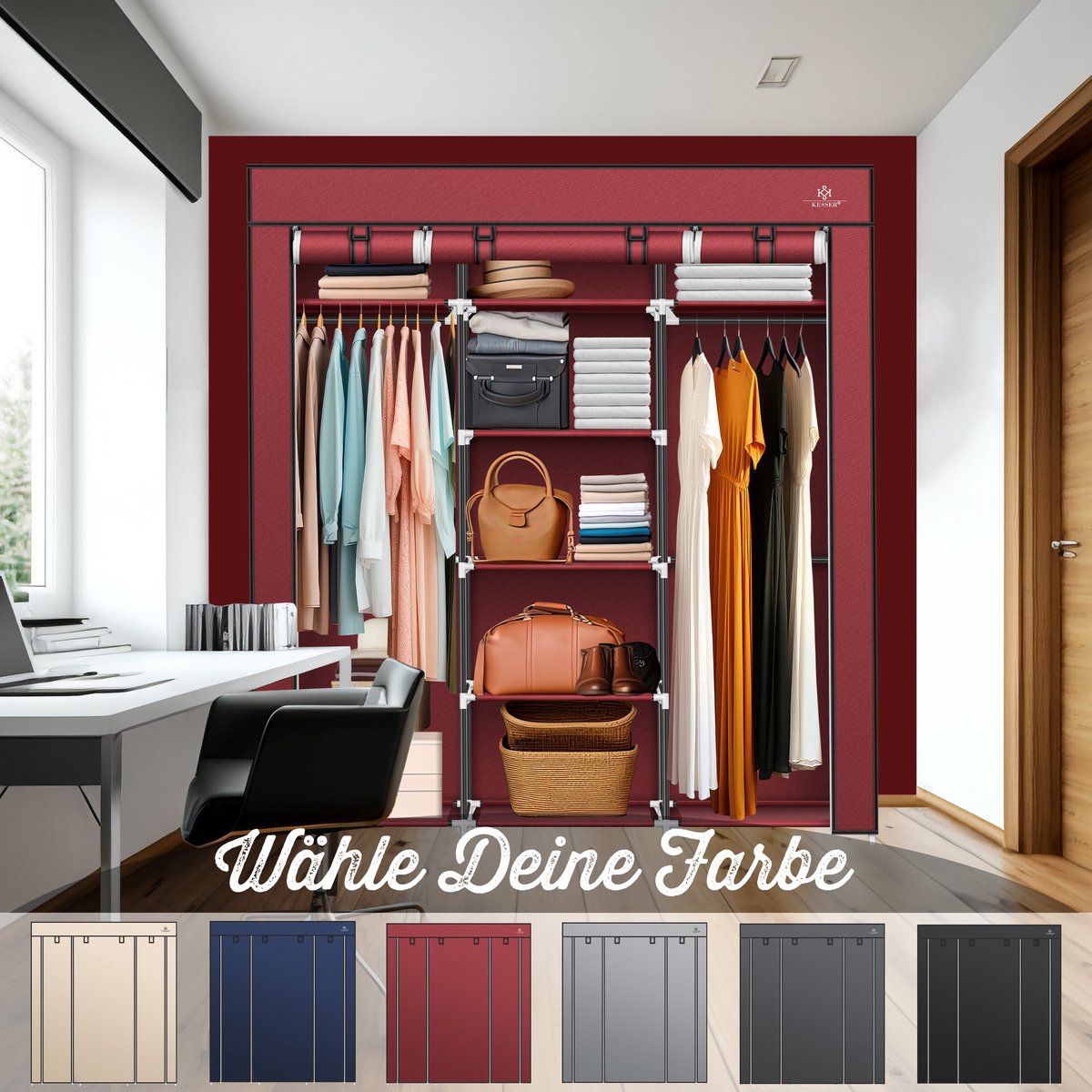 KESSER® Kledingkast in Stof en Metaal 150x45x175cm - opvouwbaare Garderobekast Stabiel met Kledingstang & Planken, Inclusief 5x Kledinghangers Kleerkast - Legplank Kast voor Slaapkamer met Kledingrek - Bordeux