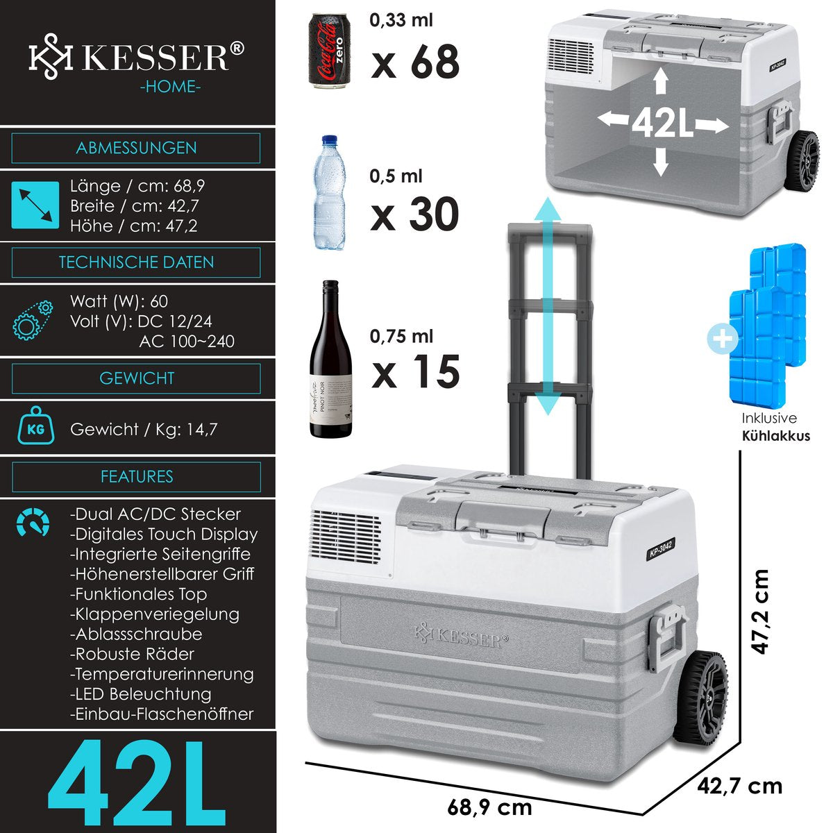 KESSER® Elektrische Koelbox - Compressor - tot -20°C - 42L - Grijs