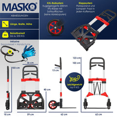MASKO® Steekwagen opvouwbaar 200 kg Laadvermogen - Massief Rubber Wielen + 2x Uitzettouwen + Handschoenen - In Hoogte Verstelbare Handgreep - Ruime Laadruimte - Aluminium Transportkar - Rood