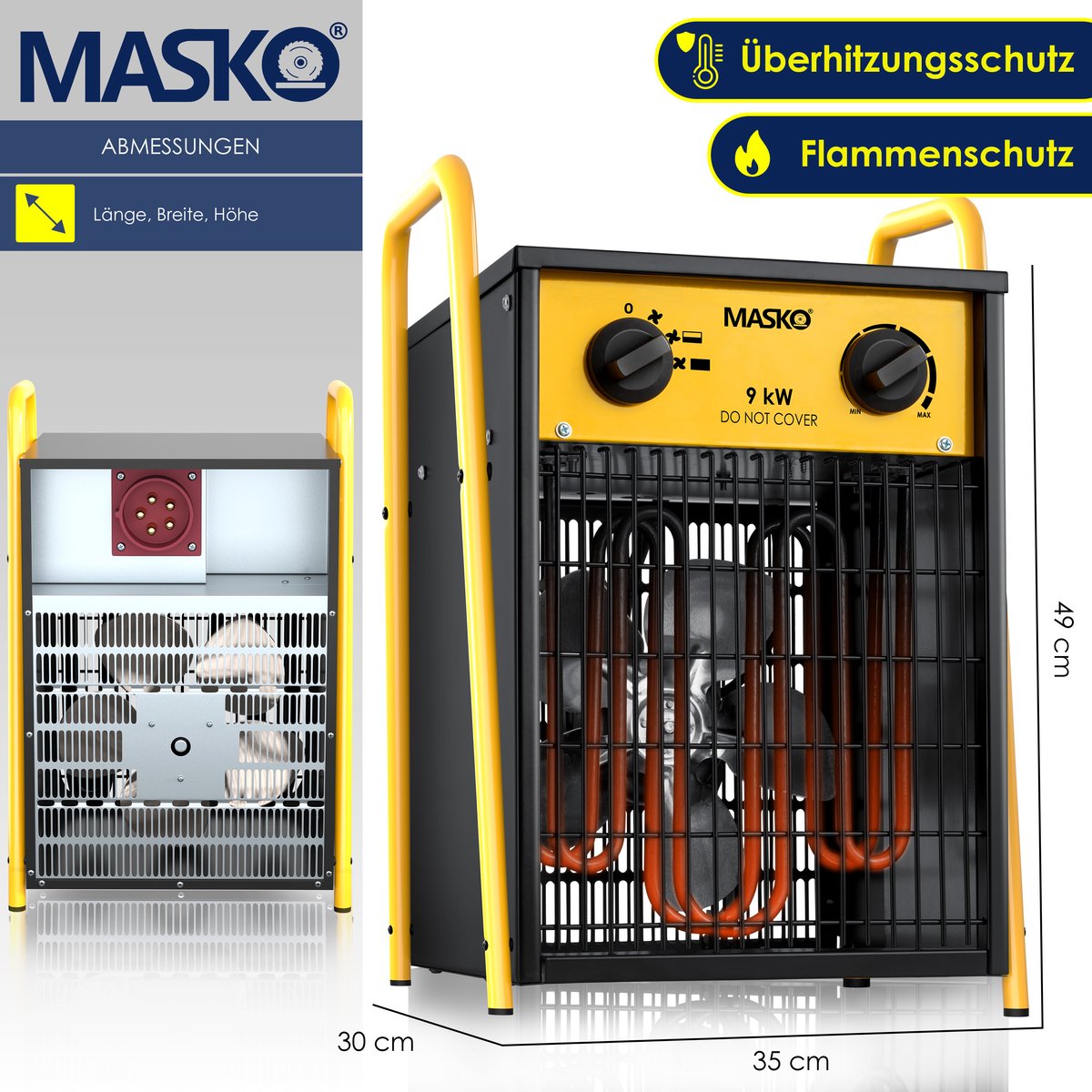 MASKO® Bouwkachel 9kW - Ventilatorkachel voor Binnen- en Buiten Elektrische Kachel Keramische Werkplaatskachel Electrische Verwarming 9000 Watt - Geel