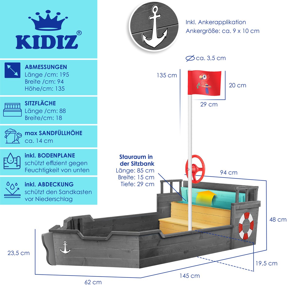 KIDIZ® Zandbak piratendesign - Met bankje - Antraciet