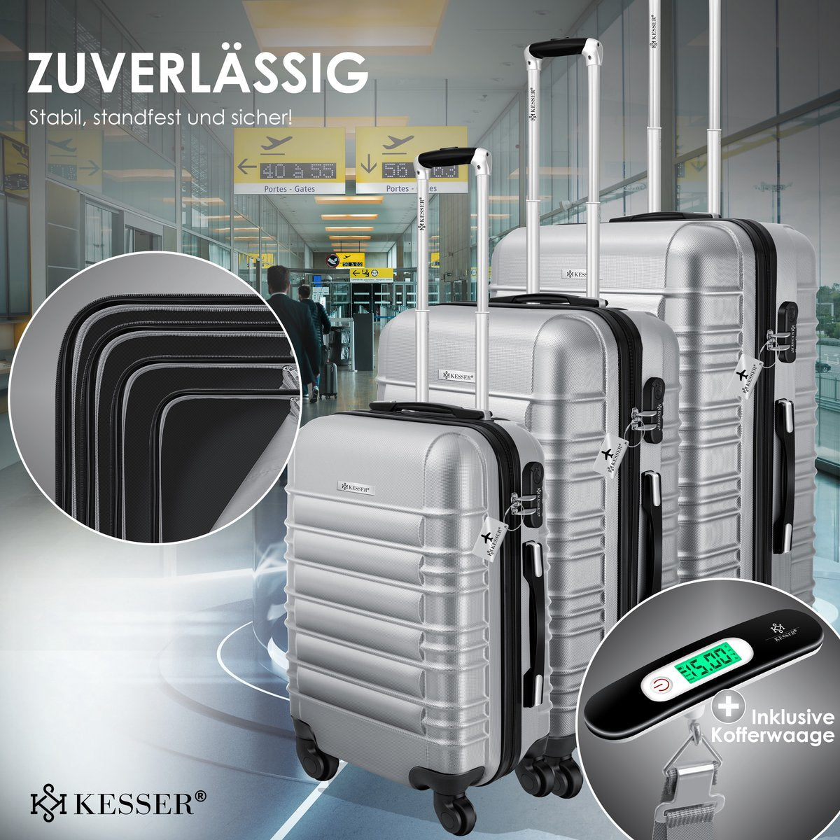 KESSER® Reiskofferset - 3-delig - ABS- Kofferset - Zilver