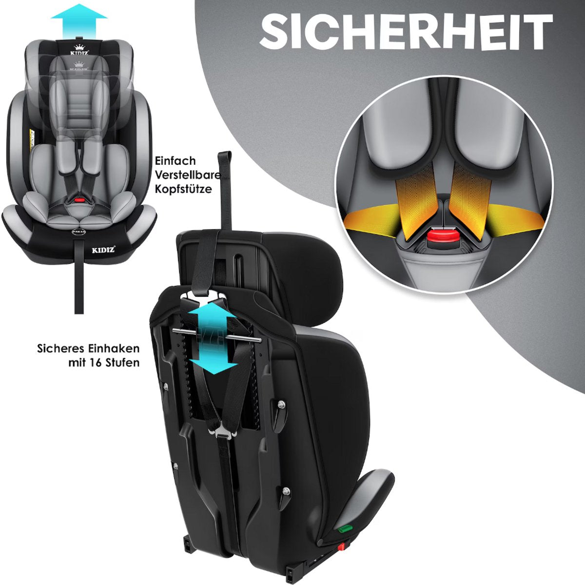 KIDIZ® Autostoeltje - 5-punts veiligheidsgordel - Grijs