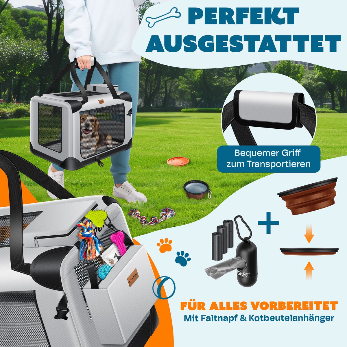 LOVPET® reisBench Hondenbench hondenbox honden transportbox opvouwbaar incl. transportzak hondenbak transportbox voor huisdieren, honden en katten transportbox - XXXL, Lichtgrijs