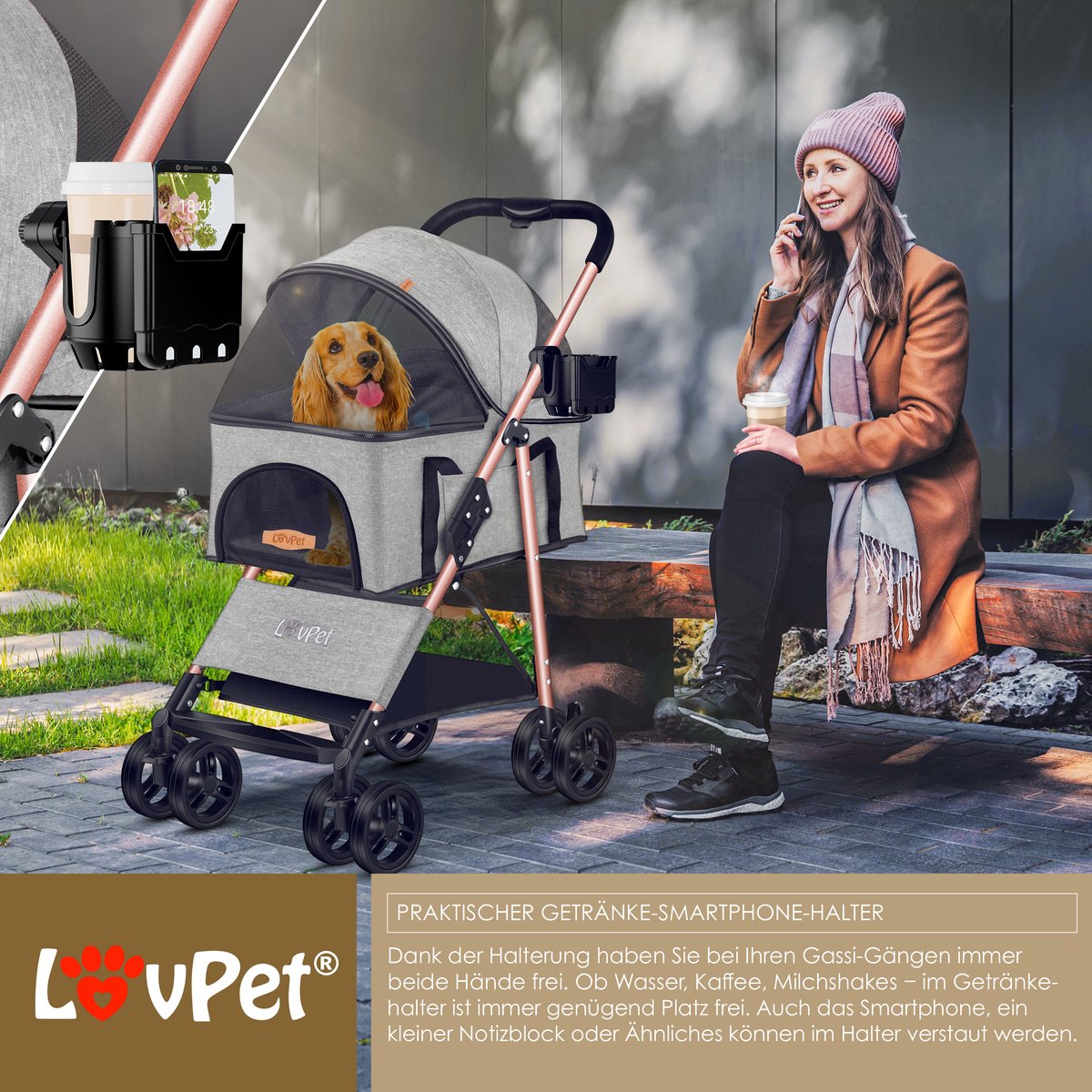 LOVPET® Hondenbuggy 2in1 Huisdieren - Wandelwagen - Lichtgrijs