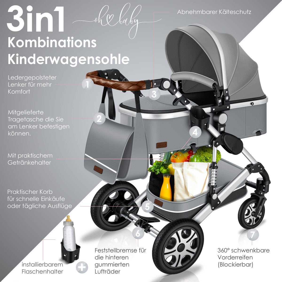 Kinderwagen 3 in 1 - Buggy - Wandelwagen - Kinderbuggy - Grijs - KESSER® •