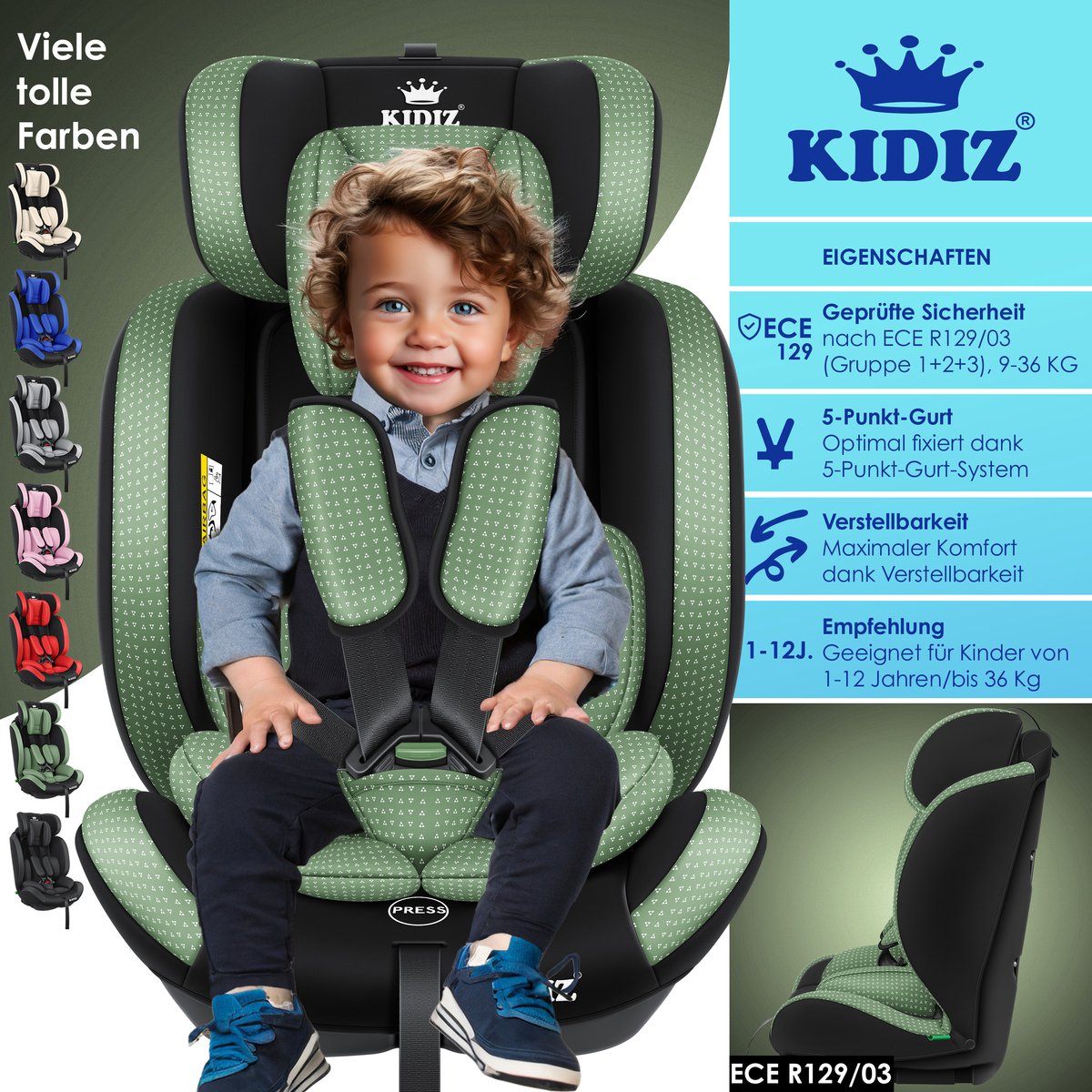 KIDIZ® Autostoeltje - 5-punts veiligheidsgordel - Groen