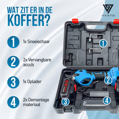 Vesto® Elektrische Snoeischaar - Draadloos met 2 Accu's en Opbergkoffer - Professioneel Takkenschaar voor 28mm - Tuinschaar - Heggenschaar op Batterij - Voor Snoeien van Takken & Heggen