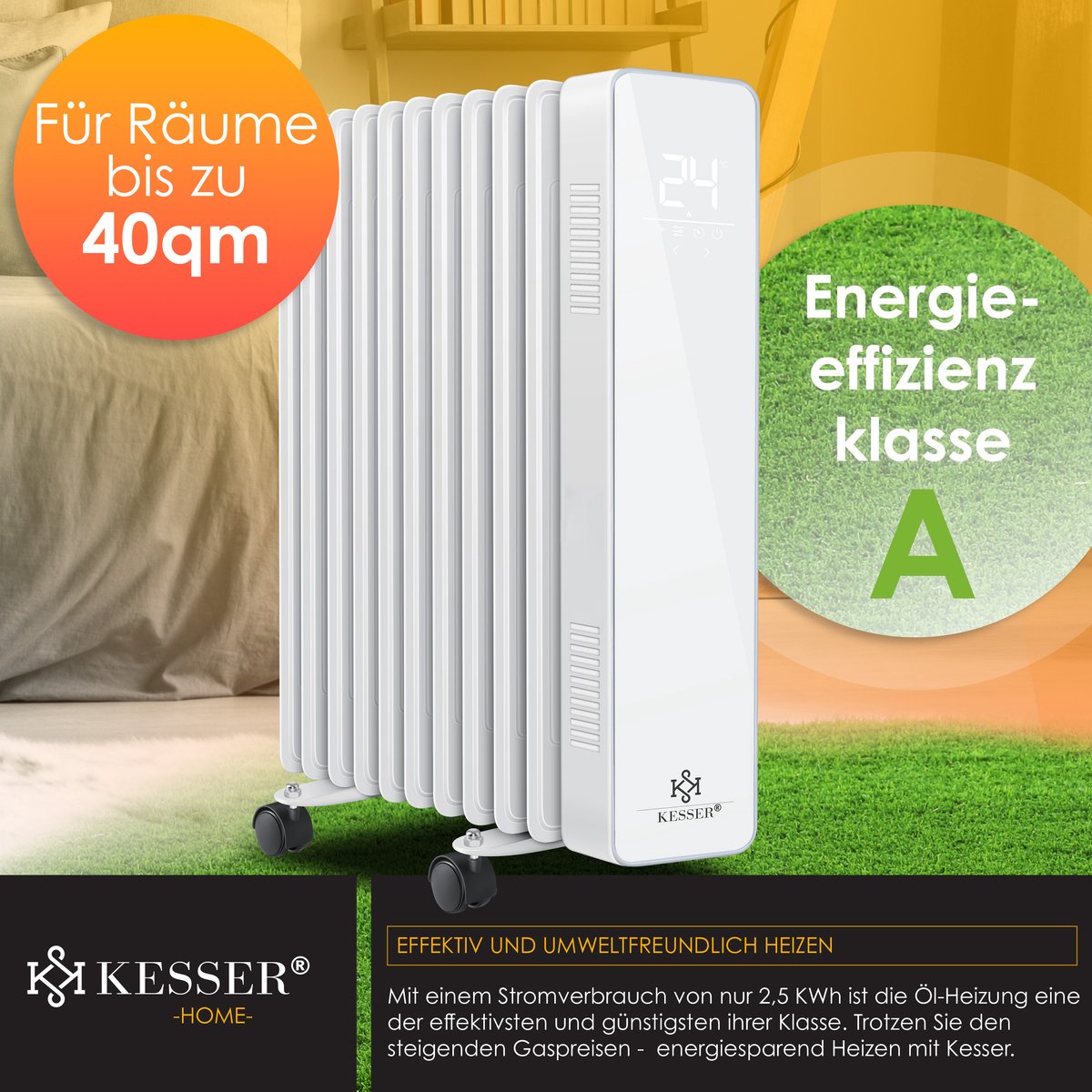 KESSER® Olieradiator - Oliegevulde Radiator 2500W - Elektrische Kachel Energiebesparing met Thermostaat - Touchscreen LED Display WiFi App & Afstandsbediening Electrische Verwarming - Wit