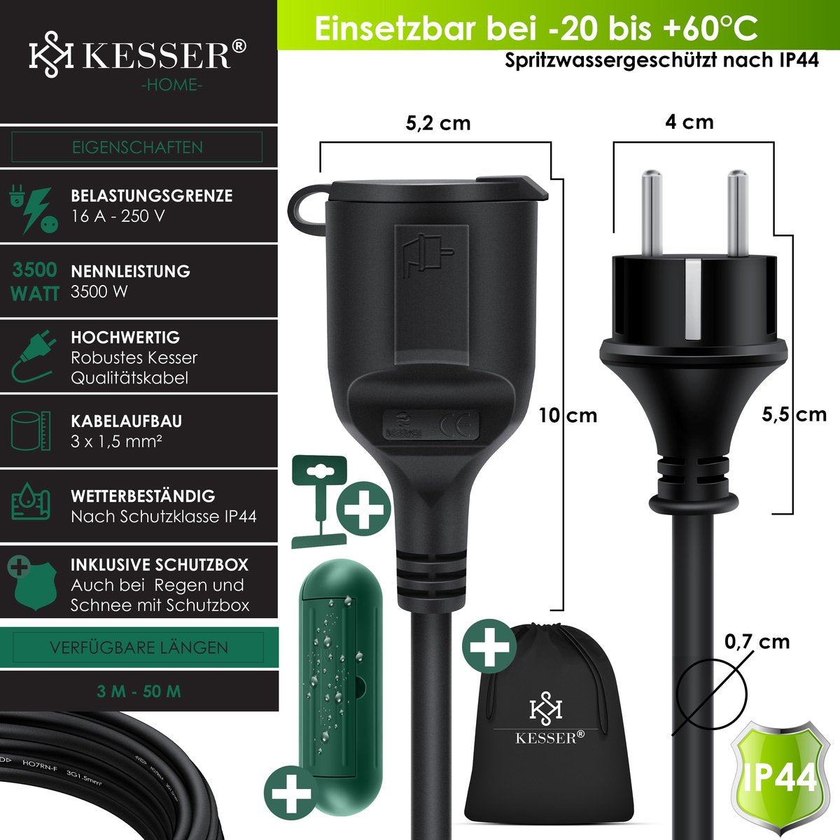 KESSER® Verlengkabel 40 meter voor binnen en buiten IP44 - Zwart